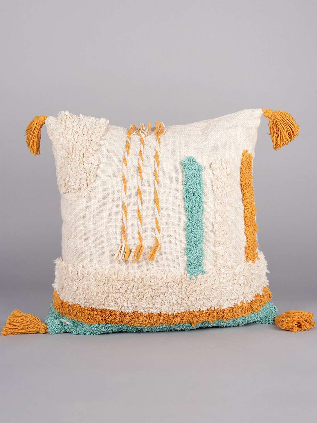 Art Avenue Mason Cream-Coloured & Green Self Design Cotton Square Cushion Cover