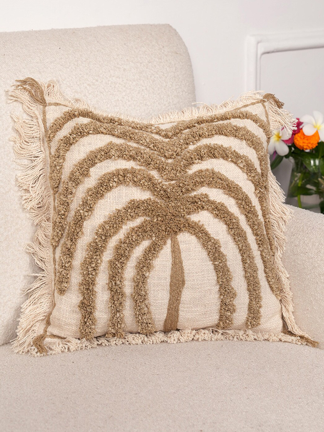 Art Avenue Light-Weight Cream Self Design Cotton Embroidered Square Cushion Cover -18x18In