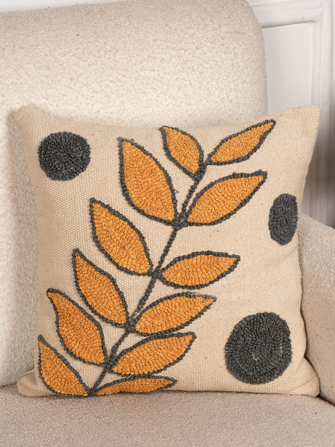 Art Avenue FERN Beige Cotton Breathable Embroidered Square Cushion Cover -16x16In