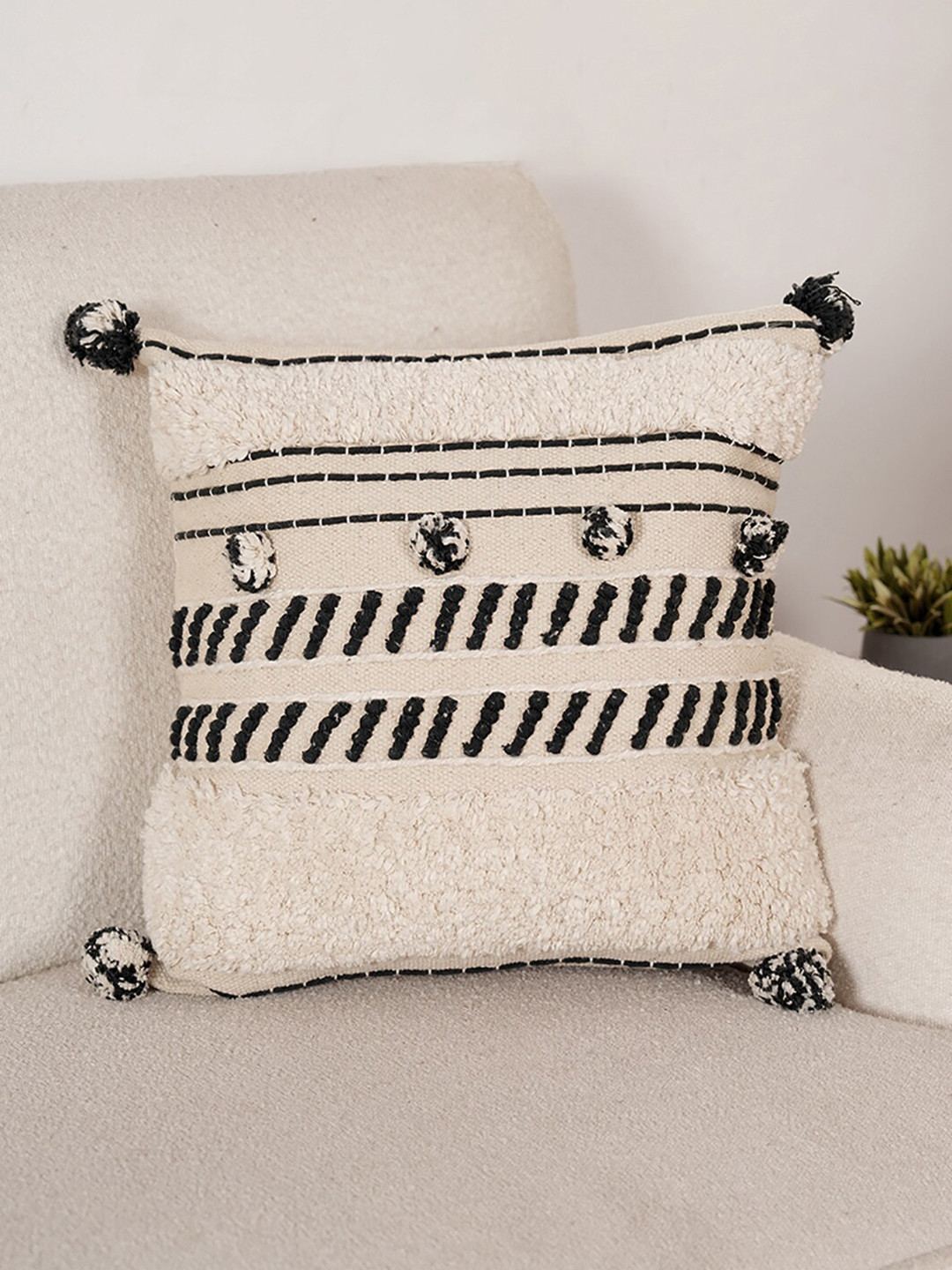 Art Avenue Light-Weight Beige Self Design Cotton Textured Square Cushion Cover -20x20In