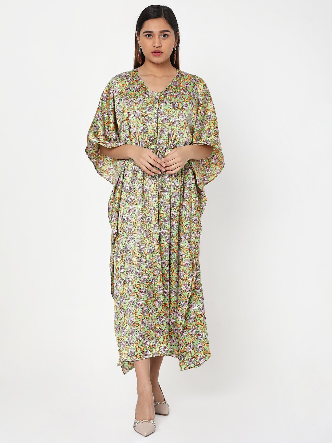 Ashtag Lime Floral Printed Kimono Sleeve Satin Kaftan Midi Dress