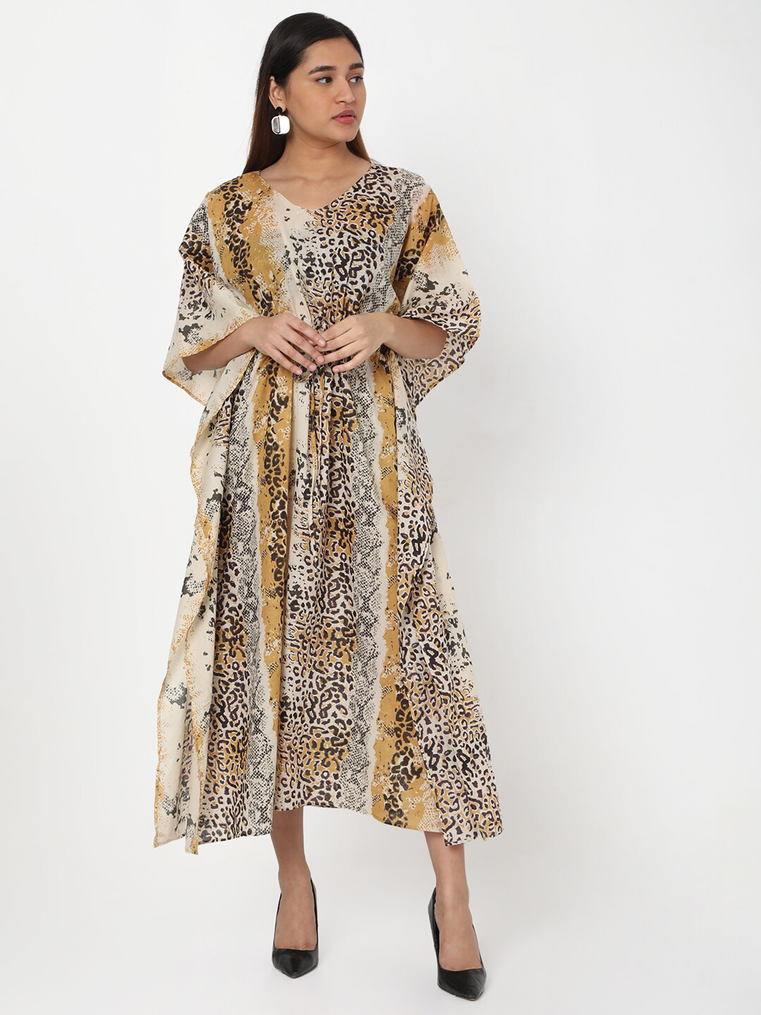 Ashtag Animal Printed Flared Sleeve Cotton Fit & Flare Midi Dress