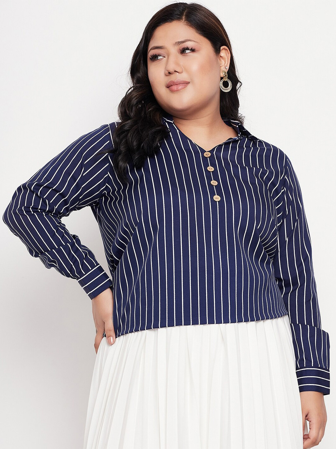 NABIA Plus Size Striped Spread Collar Regular Top