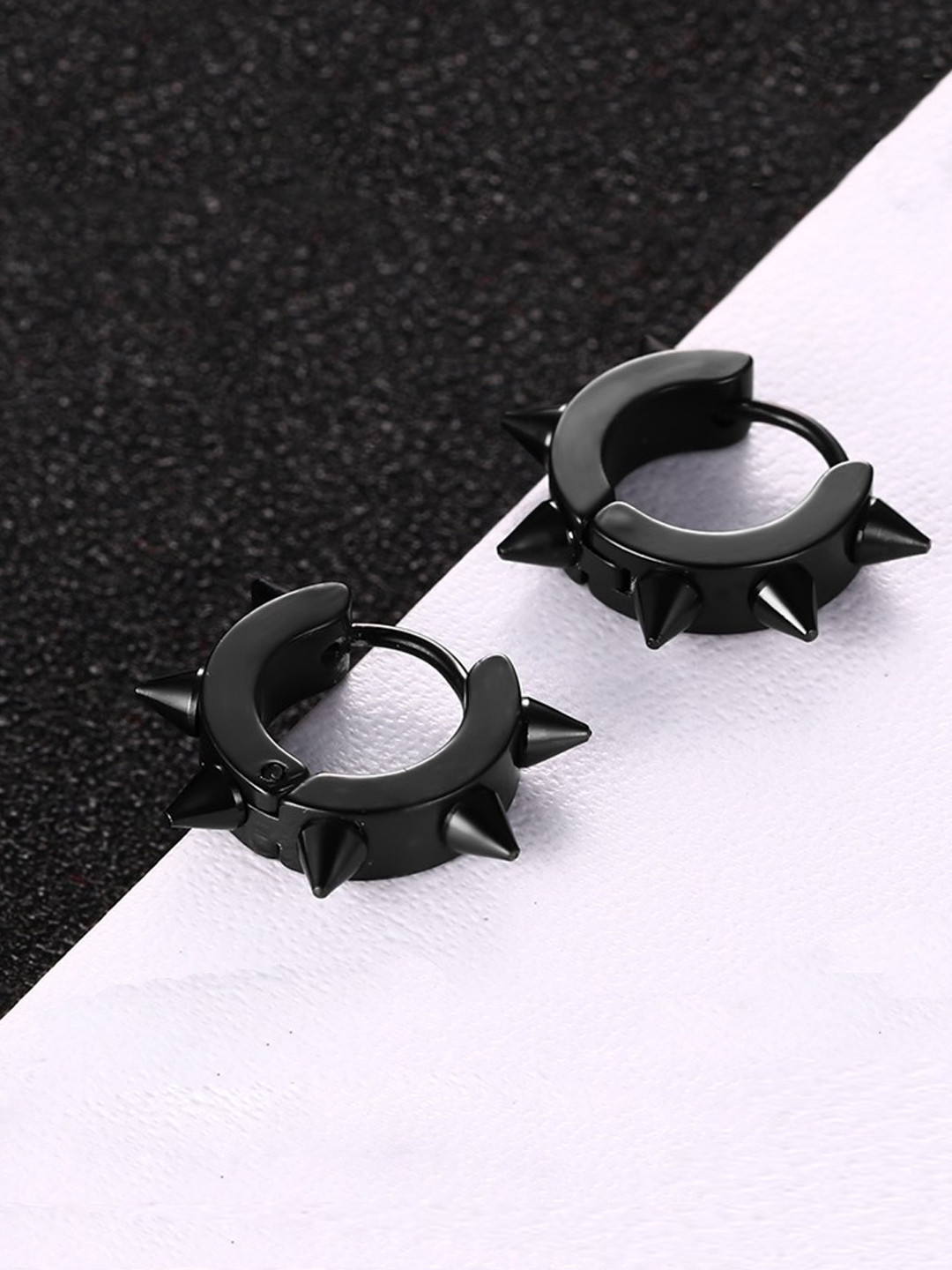 Yellow Chimes Black Spiked Stainless Steel Hoop Earrings