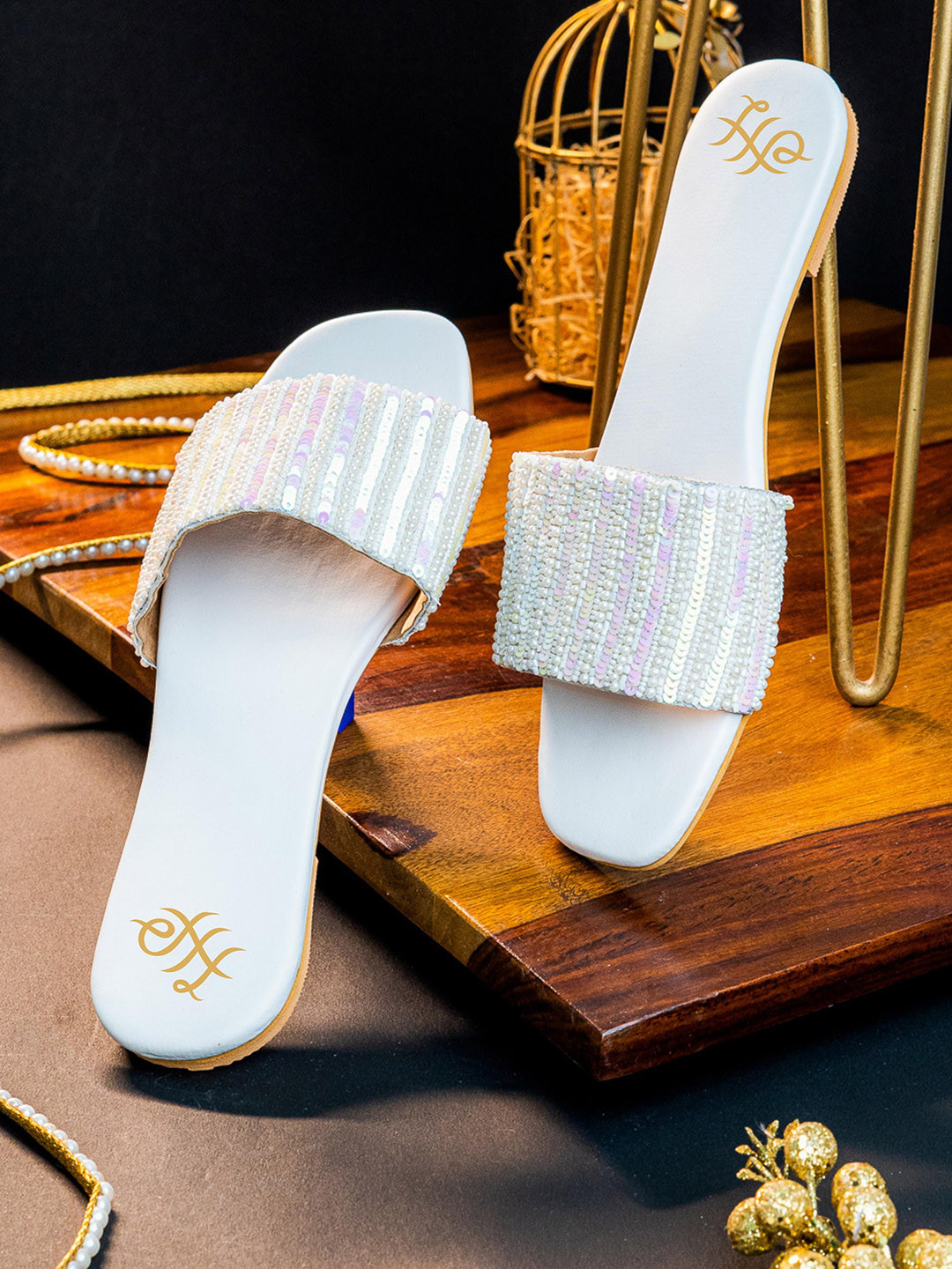 House of Pataudi Embellished Leather Open Toe Flats