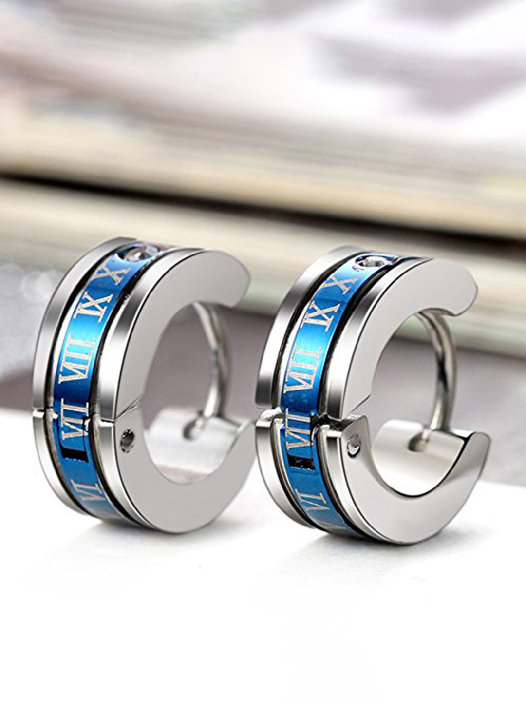 Yellow Chimes Blue & Silver-Toned Circular Stainless Steel Half Hoop Earrings
