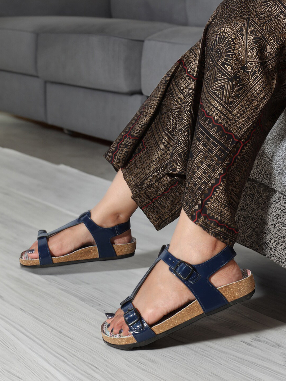 ELLE Leather Open Toe Flats With Buckles