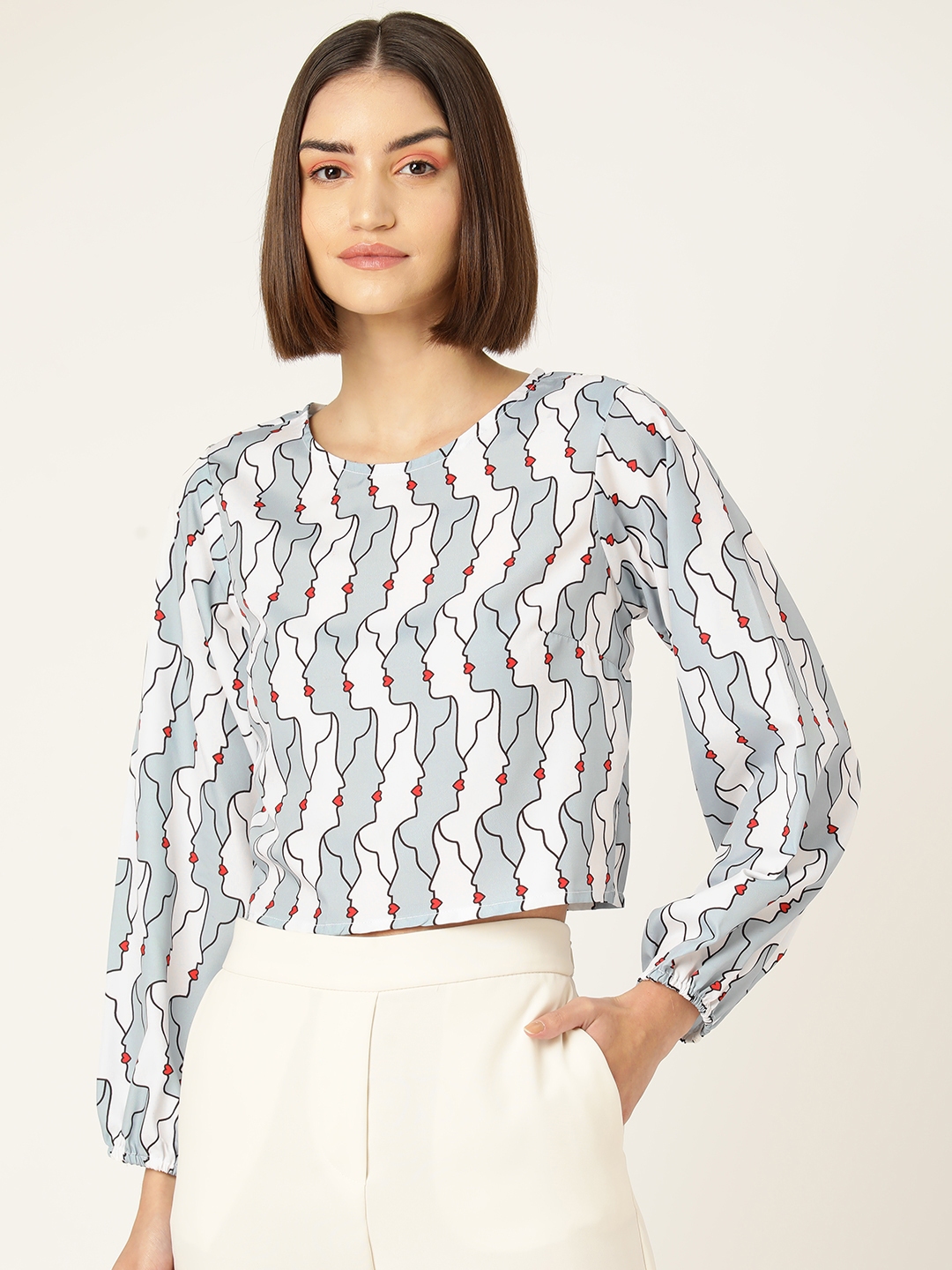 Sassafras Brown & Red Geometric Printed Georgette Wrap Crop Top