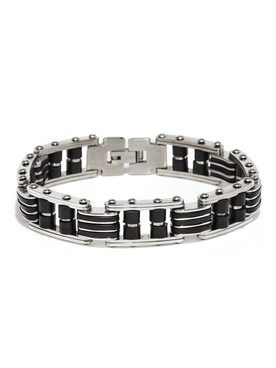 Yellow Chimes Men Silver-Toned & Black Rhodium-Plated Stainless Steel Link Bracelet