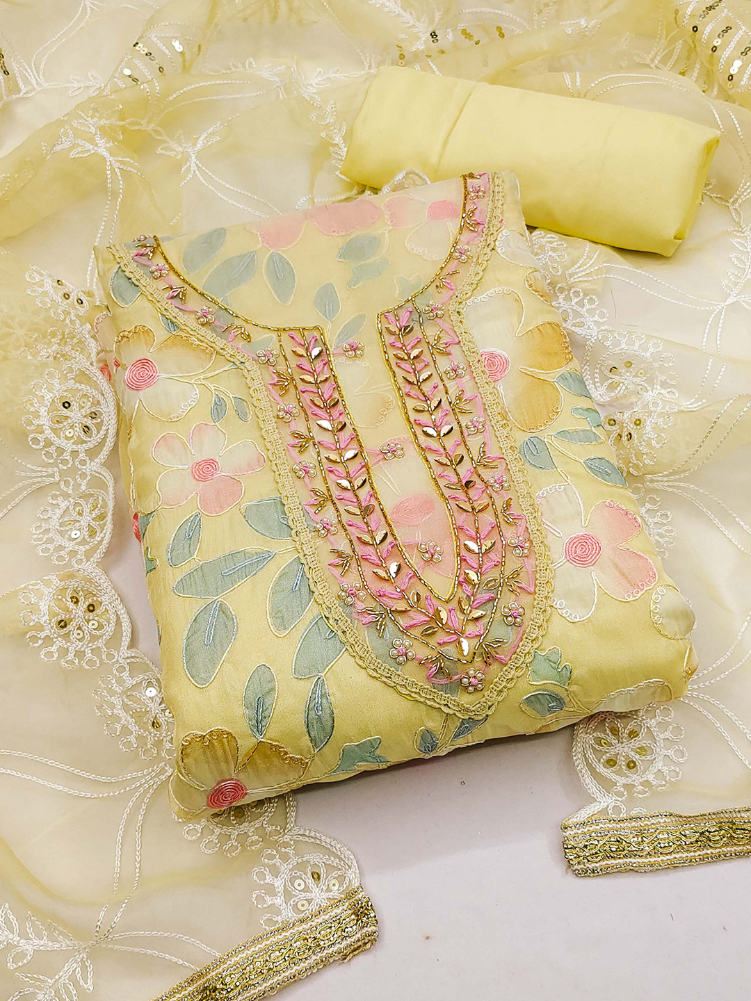 KALINI Floral Embroidered Beads and Stones Unstitched Dress Material