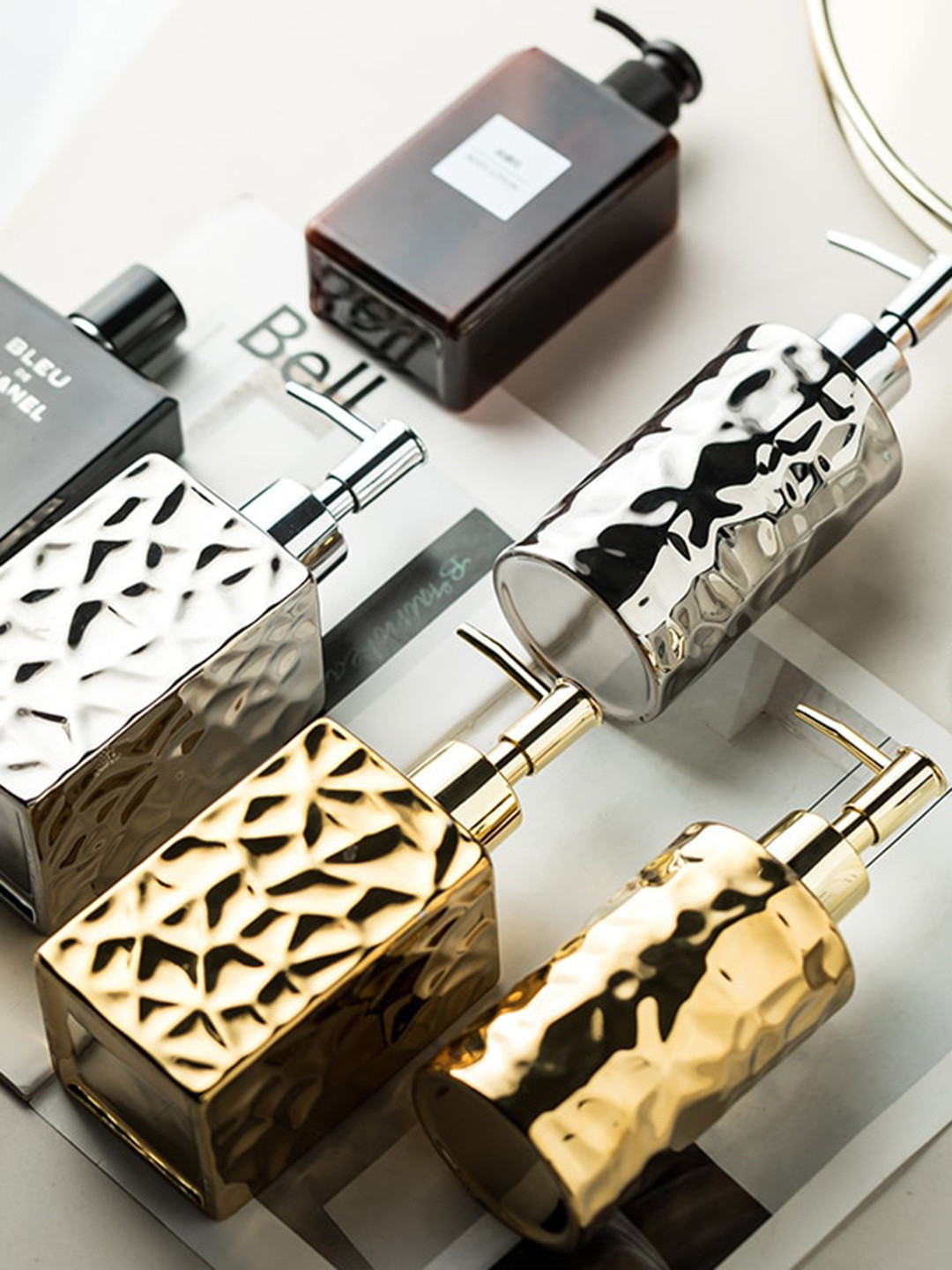 FabSeasons Silver Toned Asymmetric Patterned Soap Dispenser With Pump - 380 ML