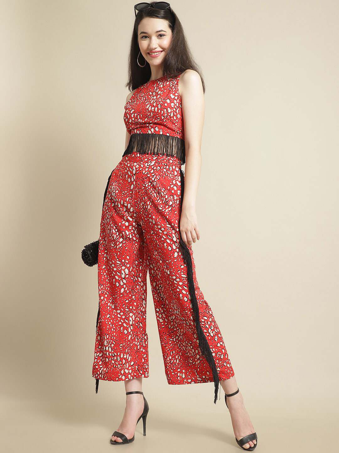 BLANC9 Animal Printed Fringe-Detailed Crop Top & Trousers