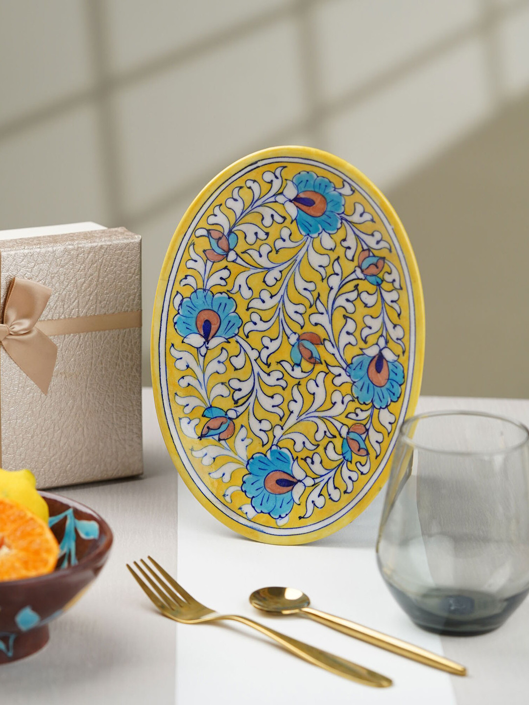 Folkstorys Yellow & Blue Printed Ceramic Tray Home Gift Set