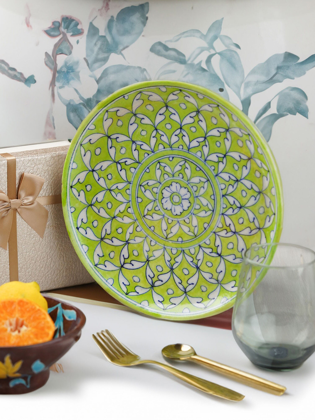 Folkstorys Anandini Green Printed Ceramic Serving Tray