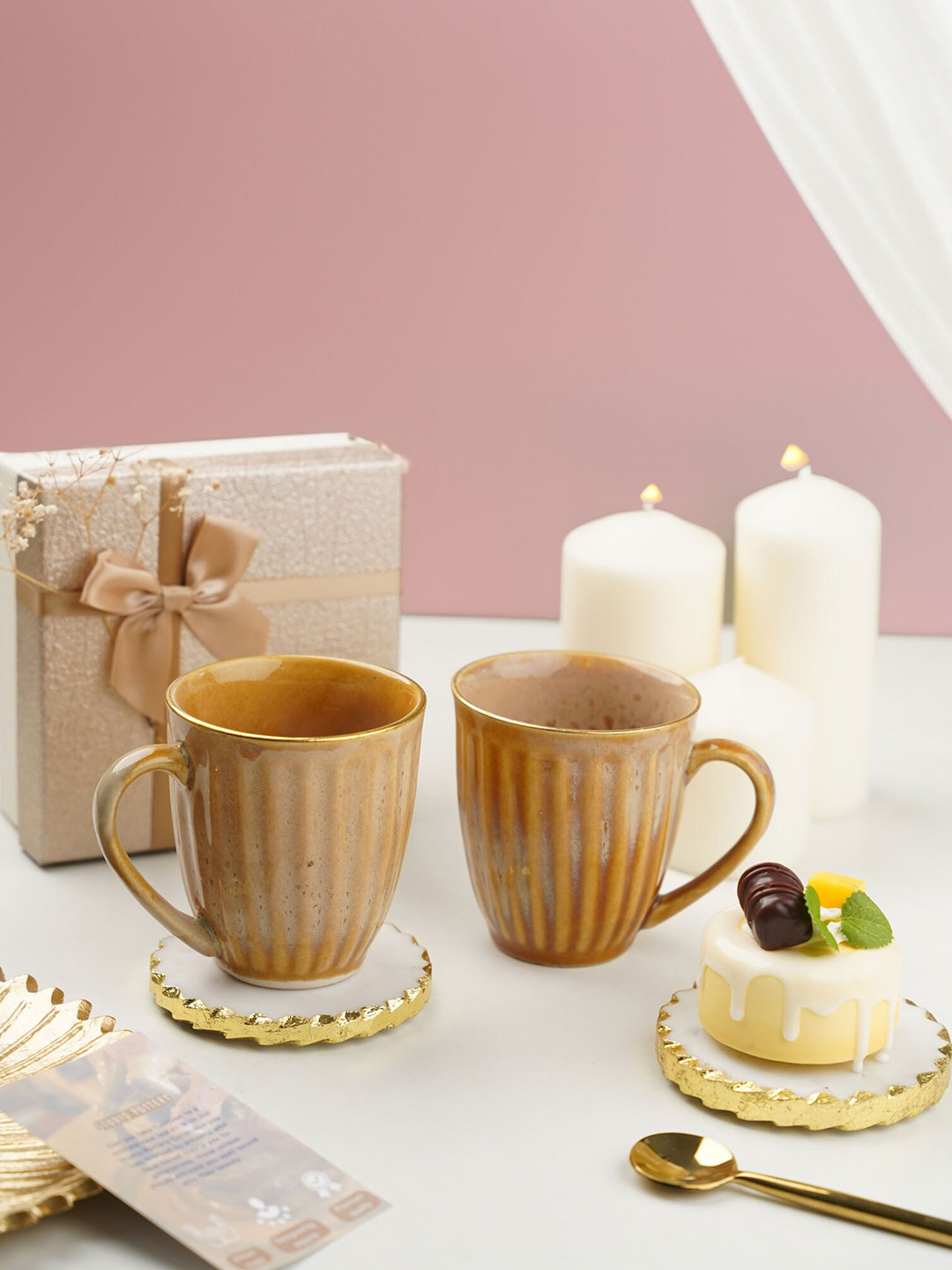 Folkstorys Sanjeev Kapoor Think Food Graphic Quote Brown Striped Melamine Handmade 2 Piece Mug with 2 Piece Coaster-300ml