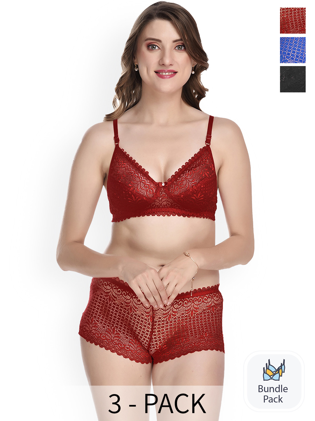 AROUSY Pack of 3 Floral Laced Lingerie SetX_Net Set_Maroon,Black,Blue_30