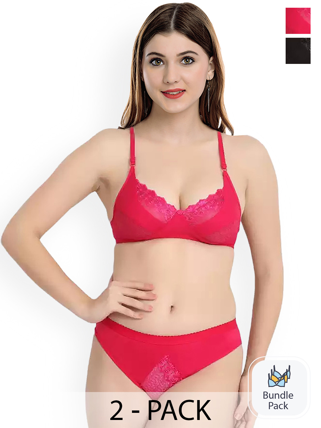 AROUSY Pack of 2 Laced Lingerie Set X_Mia Set_Black,Red_30