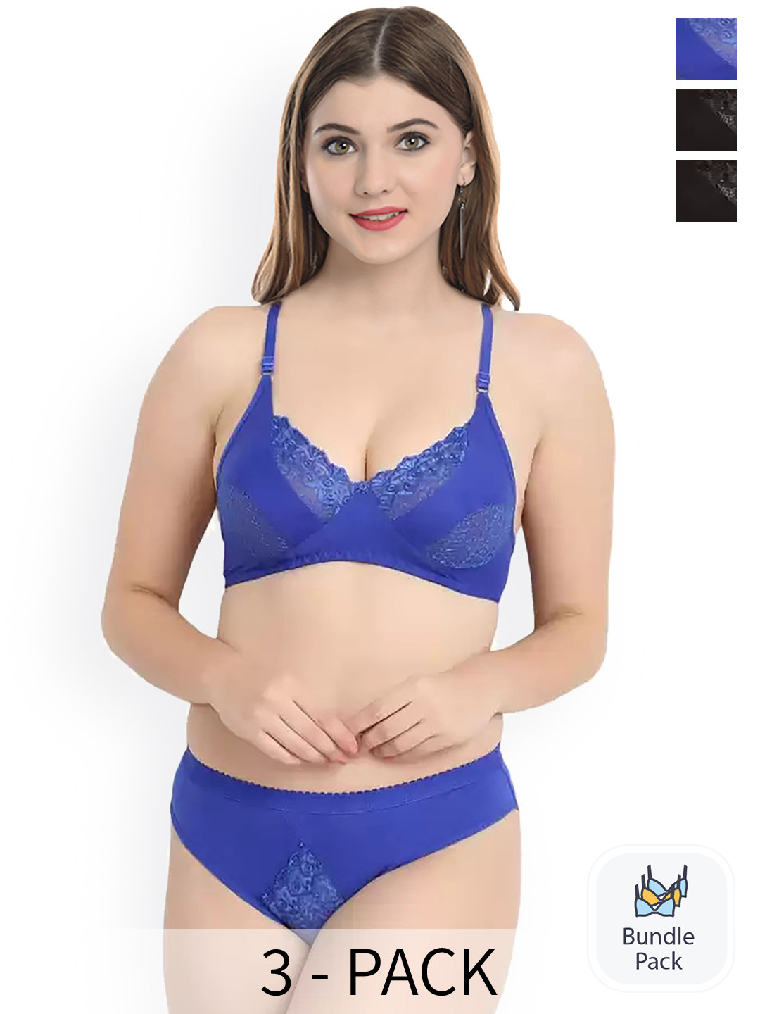 AROUSY Pack of 3 Laced Lingerie SetX_Mia Set_Black,Blue,Black_30