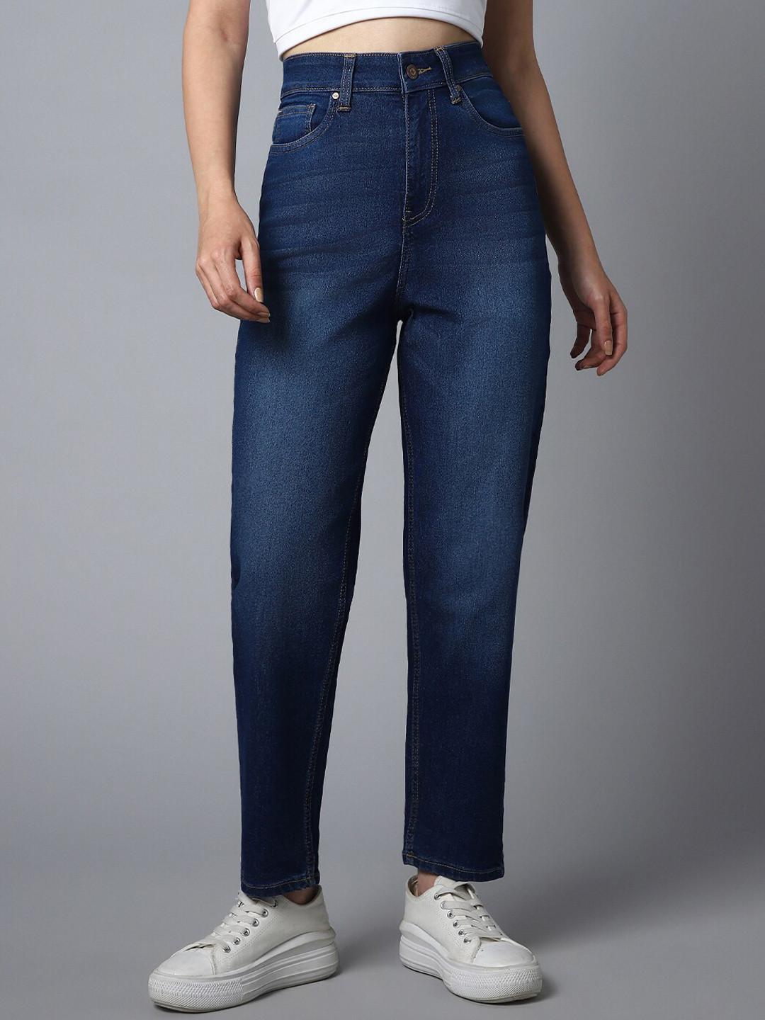 High Star Women Mom Fit High-Rise Clean Look Light Fade Stretchable Jeans