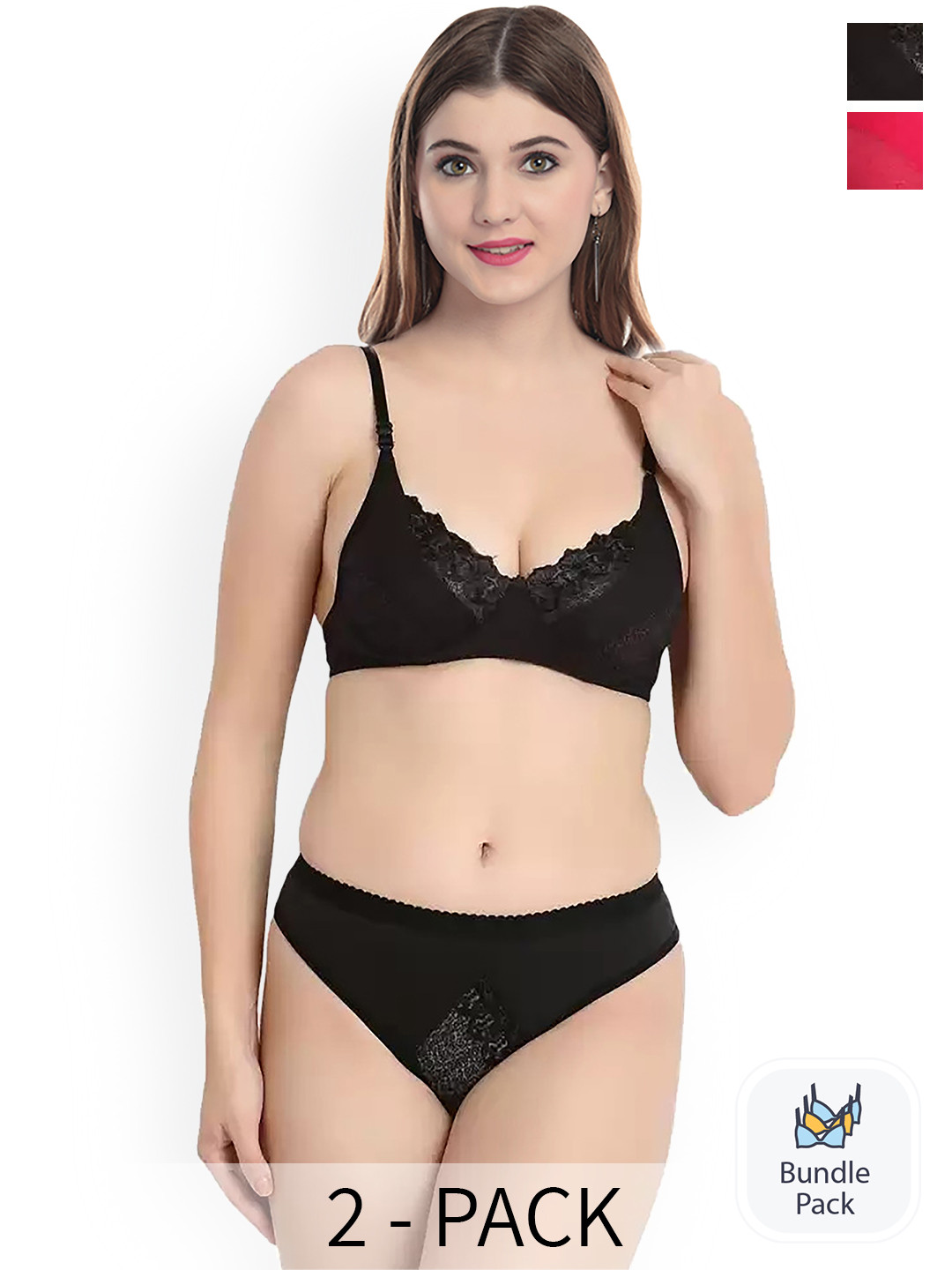 Aamarsh Pack Of 2 Self Design Cotton Lingerie Set AP_Mia Set_Black,Red_30