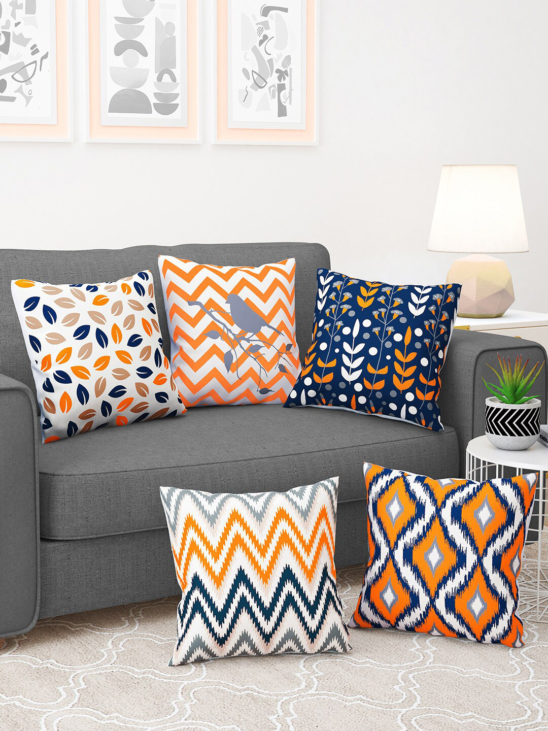 Story@home Blue & White 5 Pieces Floral Printed Square Cushion Covers
