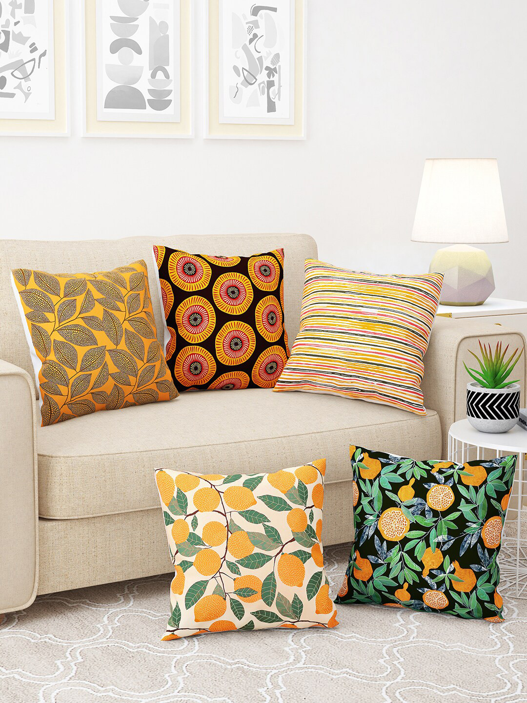 Story@home Yellow Floral Polyester Durable 5 Piece Square Cushion Covers - 16 x 16 Inches