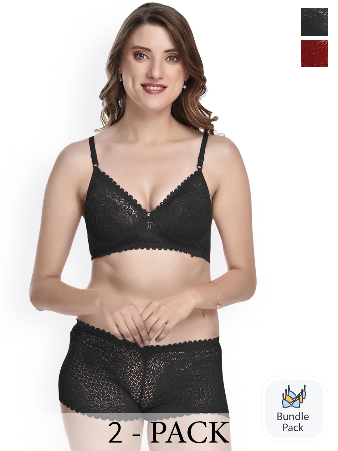 Aamarsh Pack Of 2 Self Design Lingerie Set AK_Net Set_Black,Maroon_30