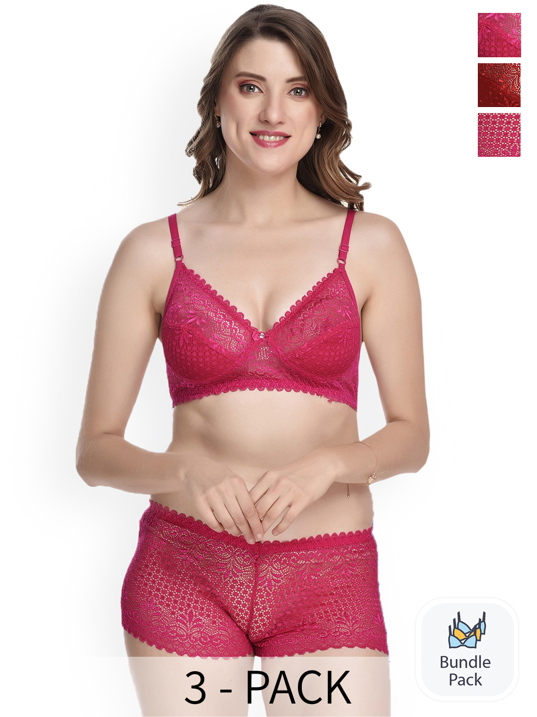 Aamarsh Pack Of 3 Floral Laced Lingerie Set AK_Net Set_Pink,Blue,Maroon_30