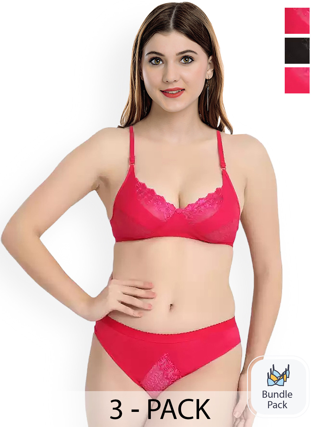 Aamarsh Pack Of 3 Self Design Laced Cotton Lingerie Set