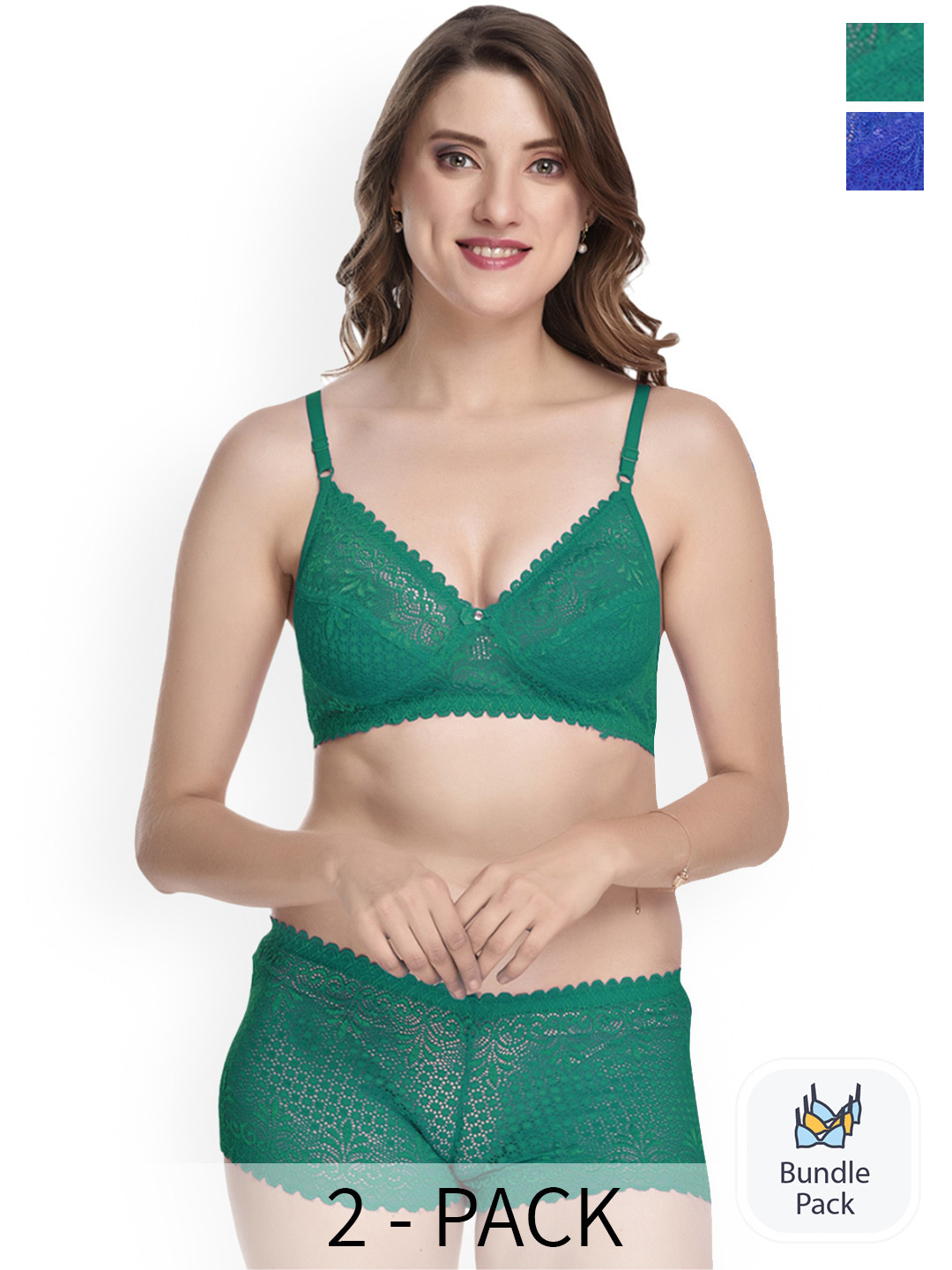 Aamarsh Pack Of 2 Floral Laced Lingerie Set AK_Net Set_Green,Blue_30