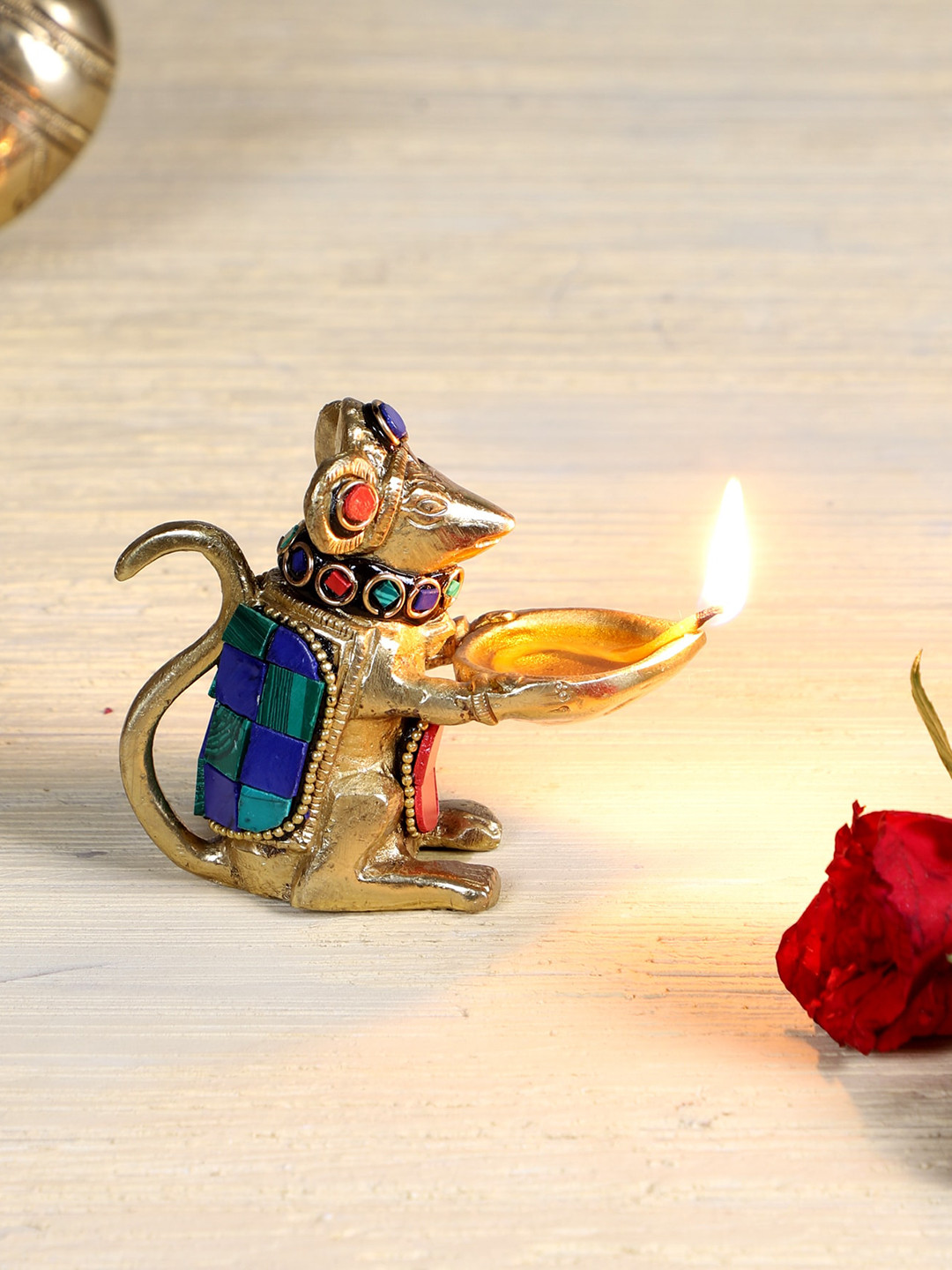 Two Moustaches Gold-Toned Gemstone Work Brass Ganesha Mouse Holding Oil Lamp Diya