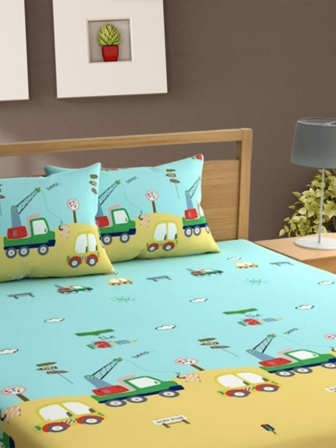 Bajo's Blue Conversational Cotton 250 TC Fitted King Fine Bedsheet with 2 Pillow Covers-198 x 183cm