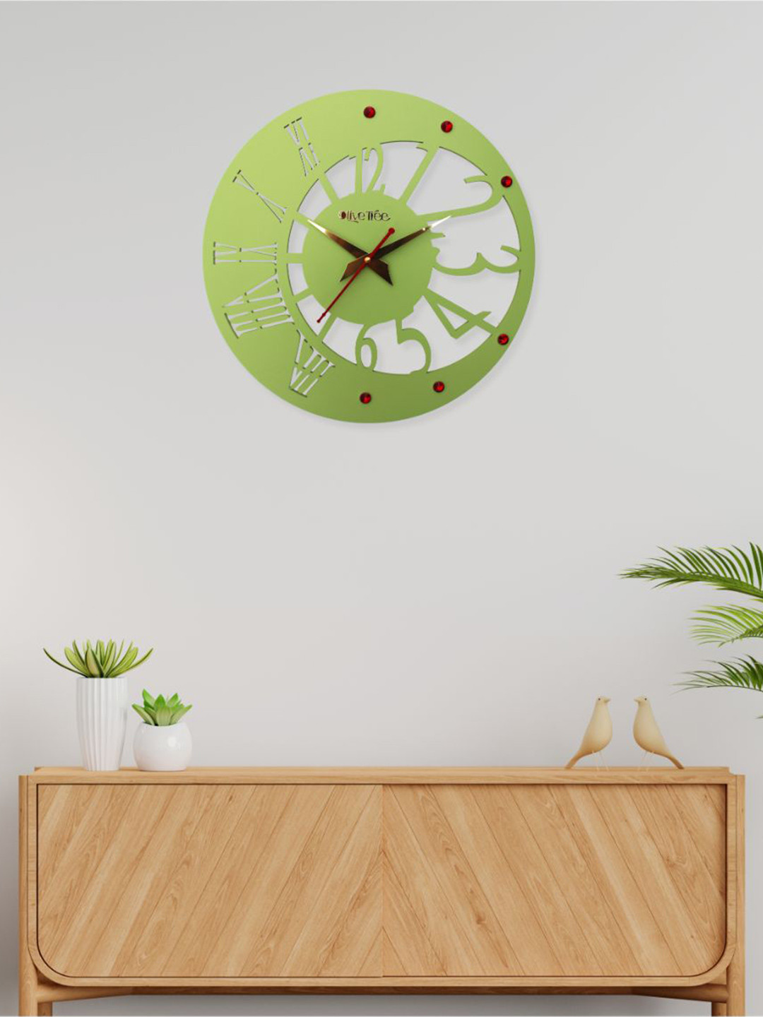 OLIVE TREE Non-Ticking Green Wood Silent Clock Round Battery Analogue Wall Clock-29.1cm