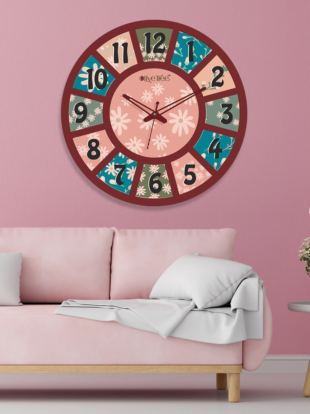 OLIVE TREE Pink & Red Wooden Contemporary Silent Wall Clock
