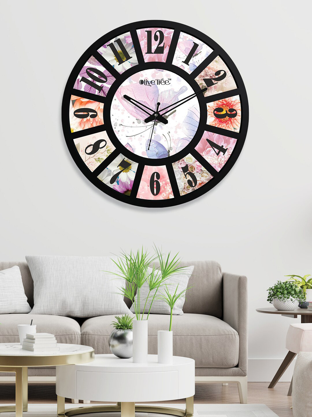 OLIVE TREE Black & Purple Printed Wood Contemporary Wall Clock