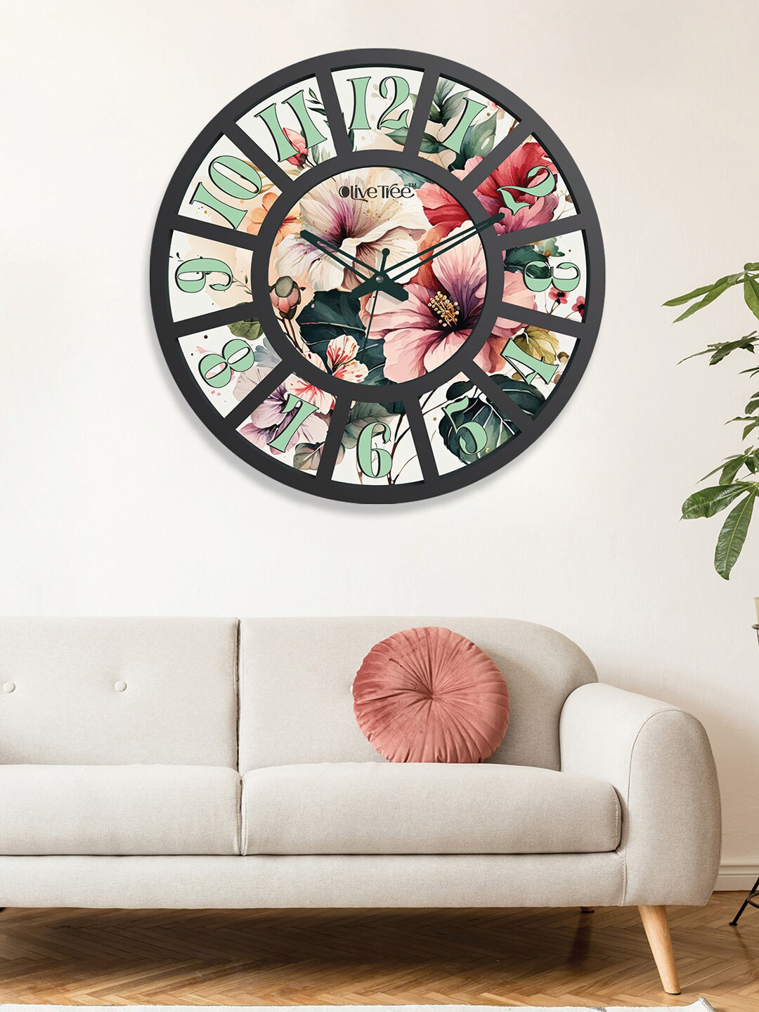 OLIVE TREE Black & Green Printed Wood Contemporary Wall Clock