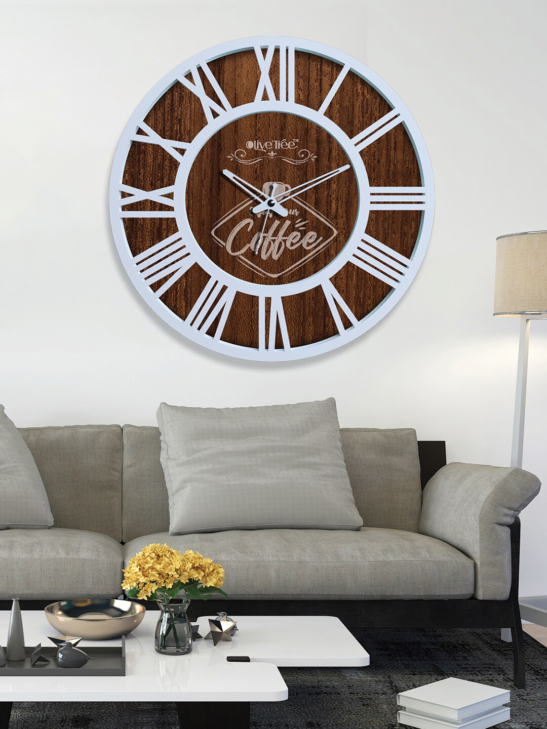 OLIVE TREE White & Brown Wooden Contemporary Wall Clock