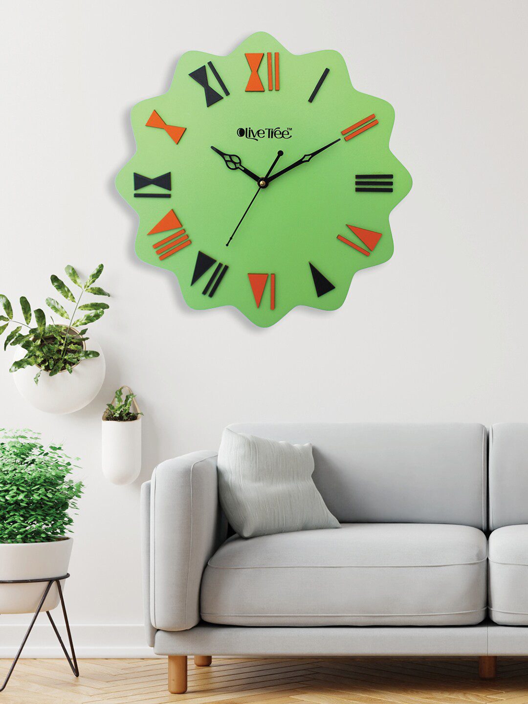 OLIVE TREE Non-Ticking Green Wood Silent Clock Floral Battery Analogue Wall Clock