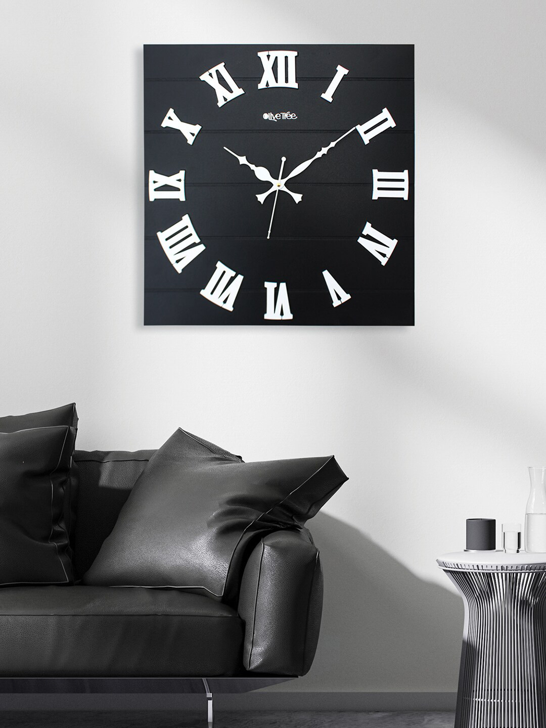 OLIVE TREE Non-Ticking Black Wood Silent Clock Square Battery Analogue Wall Clock-36.8cm