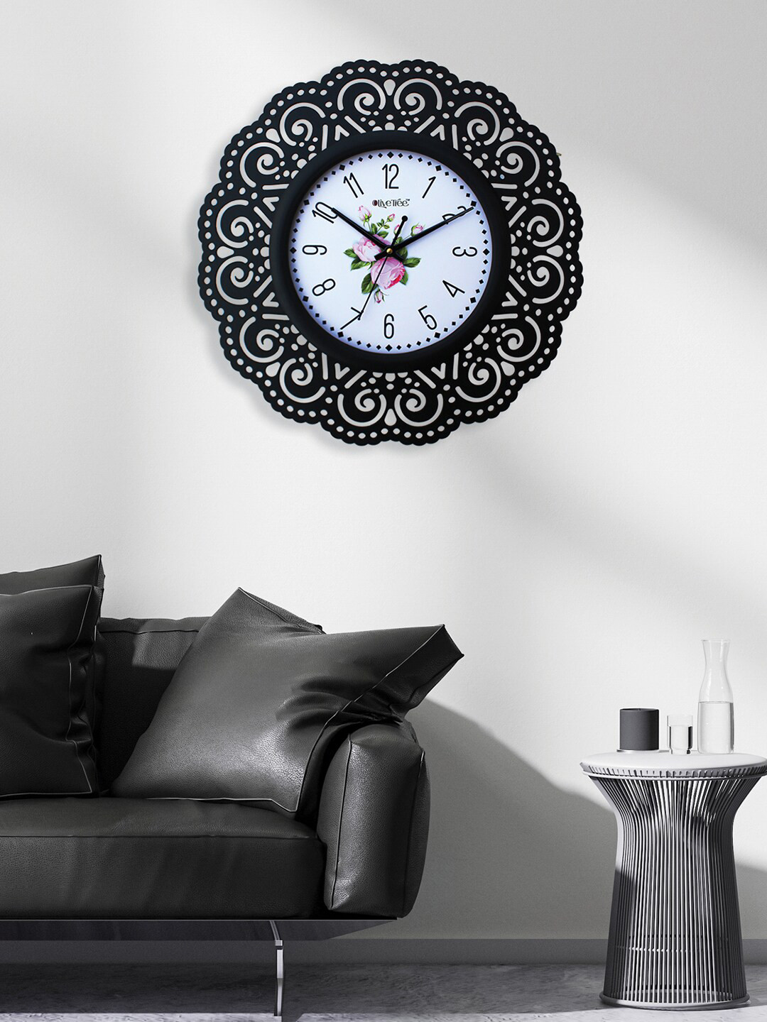 OLIVE TREE Black & White Contemporary Wooden Analogue Wall Clock
