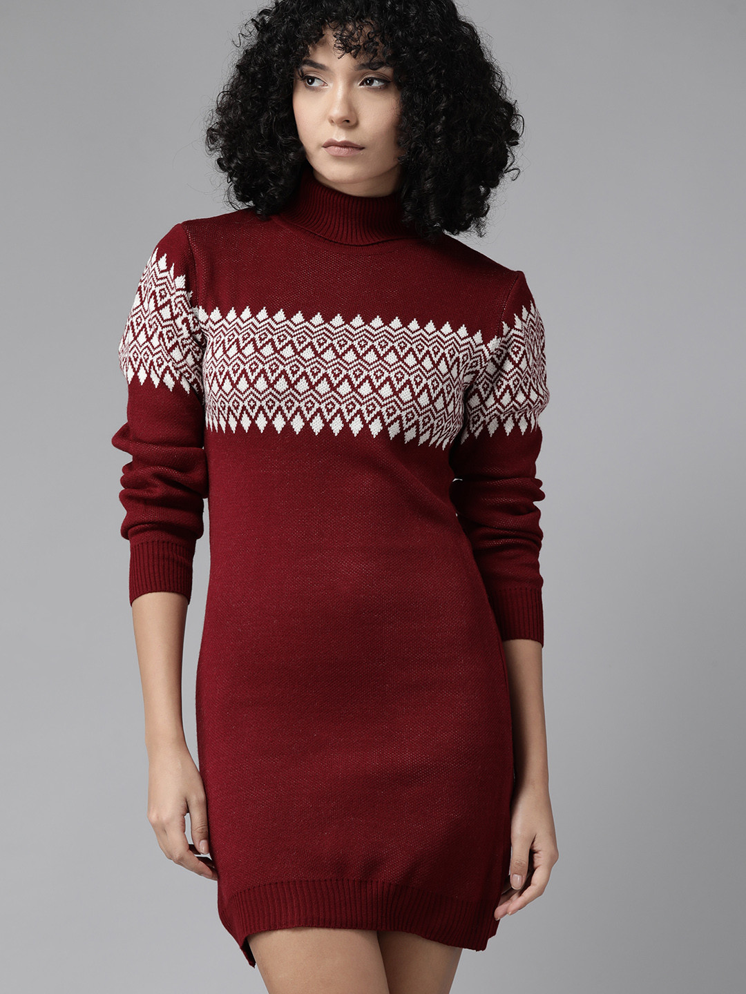Roadster Geometric Print High Neck Acrylic Mini Jumper Dress