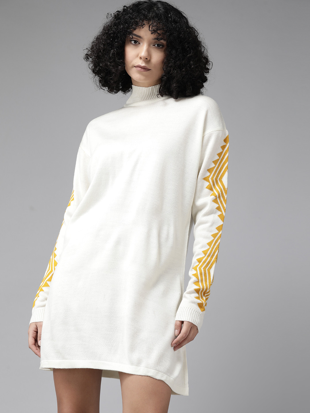 Roadster Geometric Print High Neck Acrylic Mini Jumper Dress