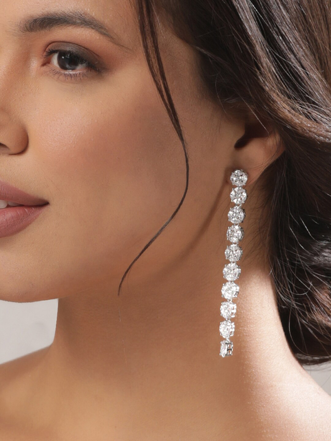 Rubans Rhodium Plated  in Silver Toned Zirconia Studded Contemporary Long  Drop Earrings