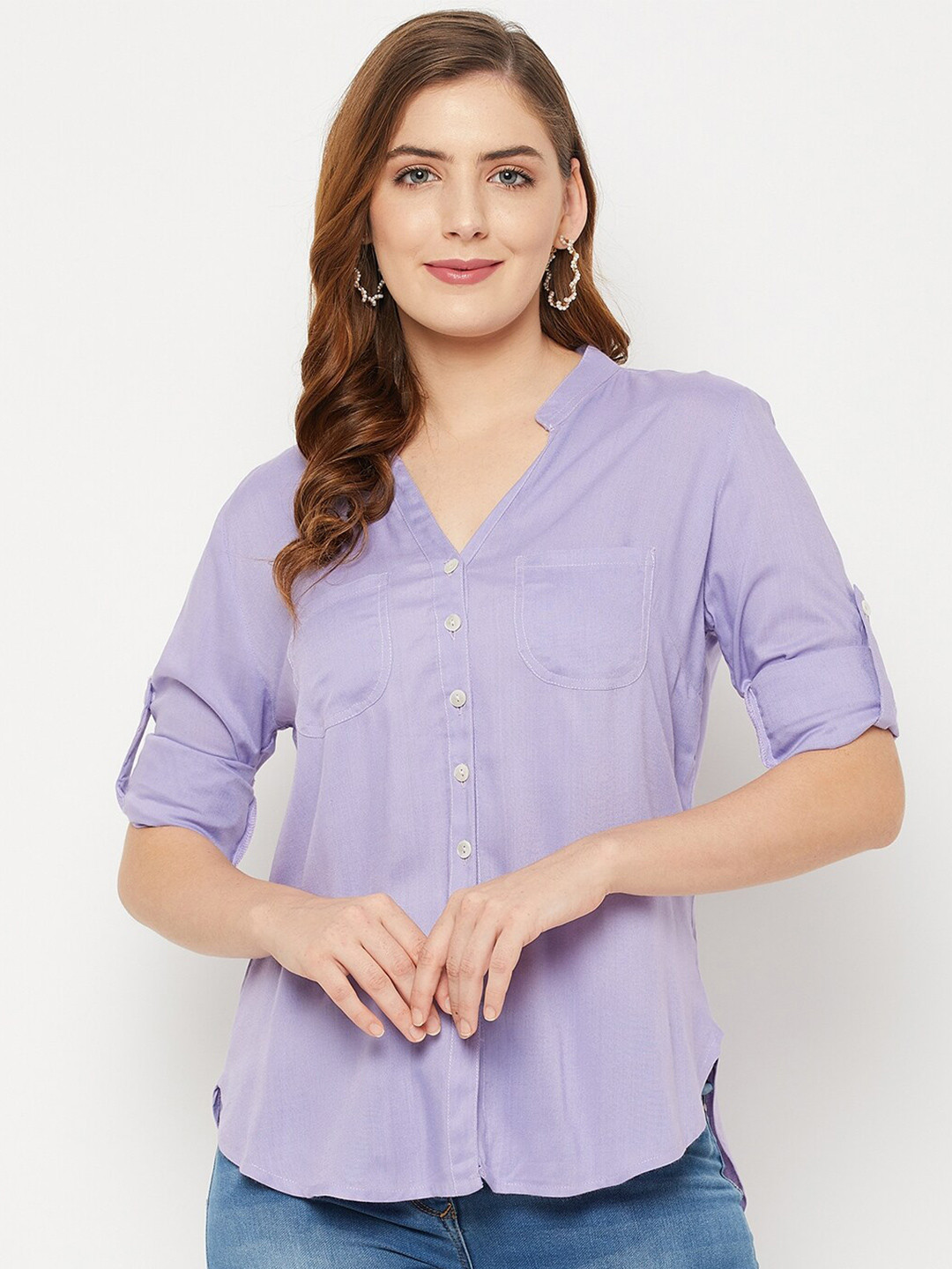 BAESD Mandarin Collar Roll-Up Sleeves Classic Regular Fit Casual Shirt