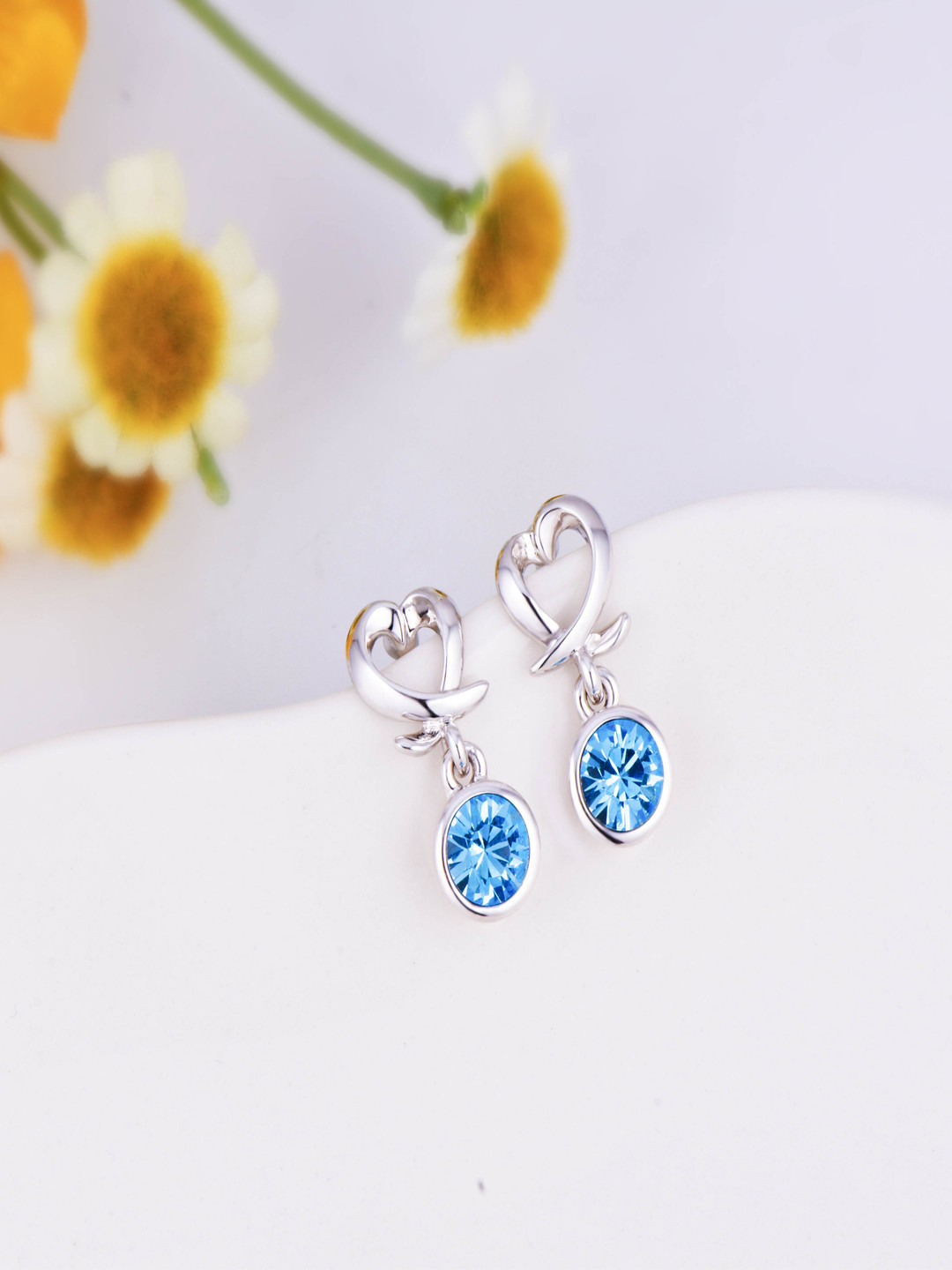 Yellow Chimes Crystals from Swarovski Collection Silver-Toned & Blue Heart Shaped Drop Earrings
