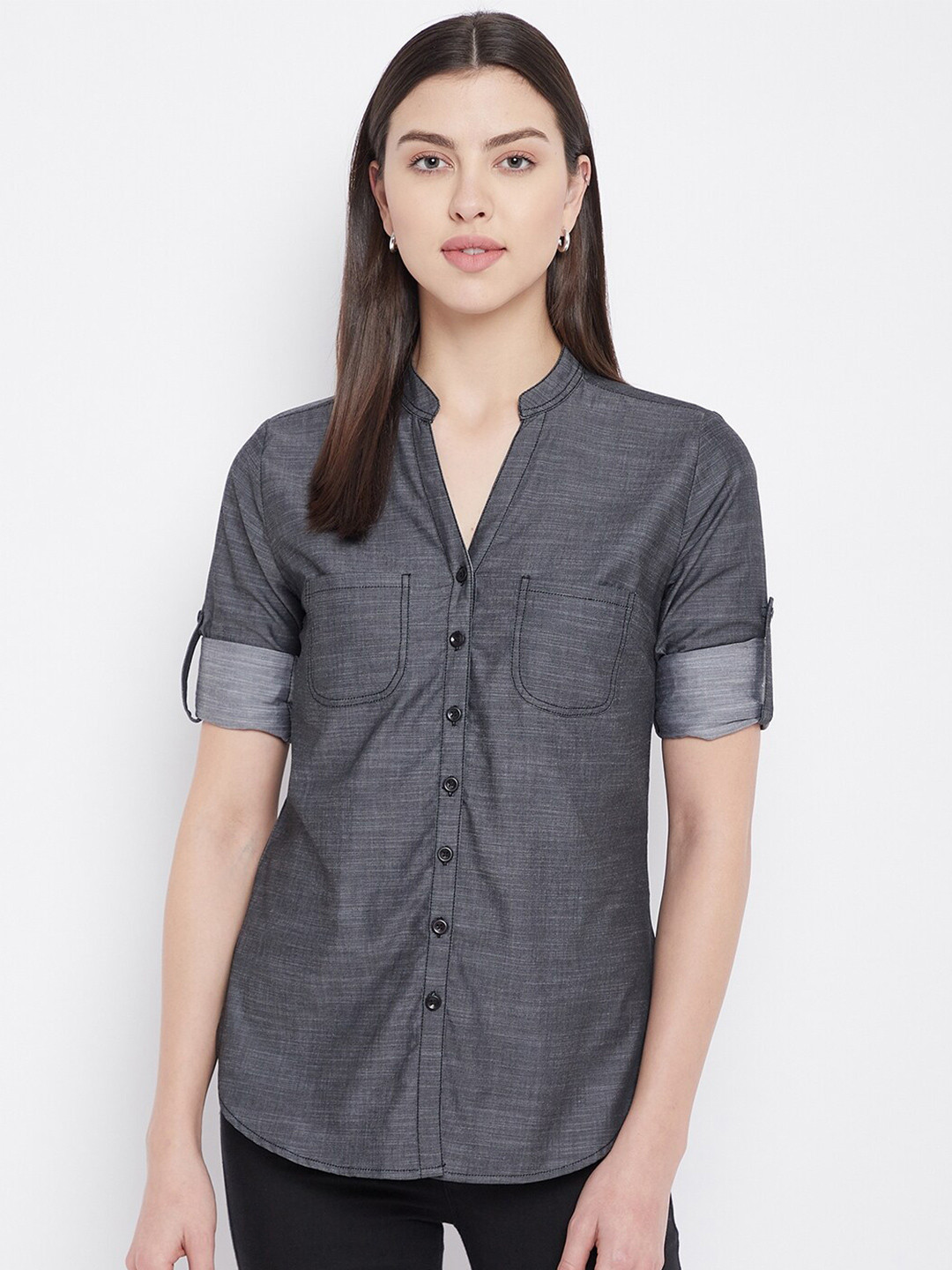 BAESD Classic Mandarin Collar Regular Fit Denim Shirt