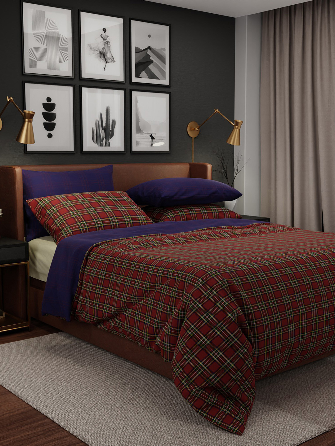 Stoa Paris Vogue Red & Blue Checked 230 TC Soft Duvet King Cover Set with 4 Pillow Covers