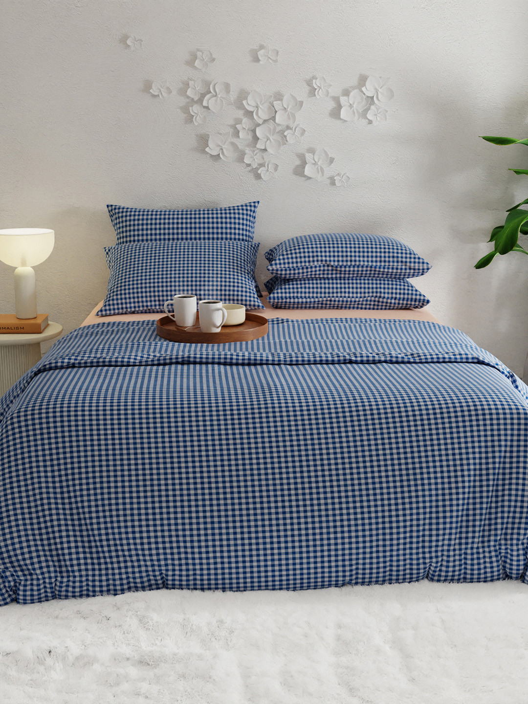 Stoa Paris Vogue Blue Checked 230 TC Soft King Bed Duvet Cover Set With 4 Pillow Covers