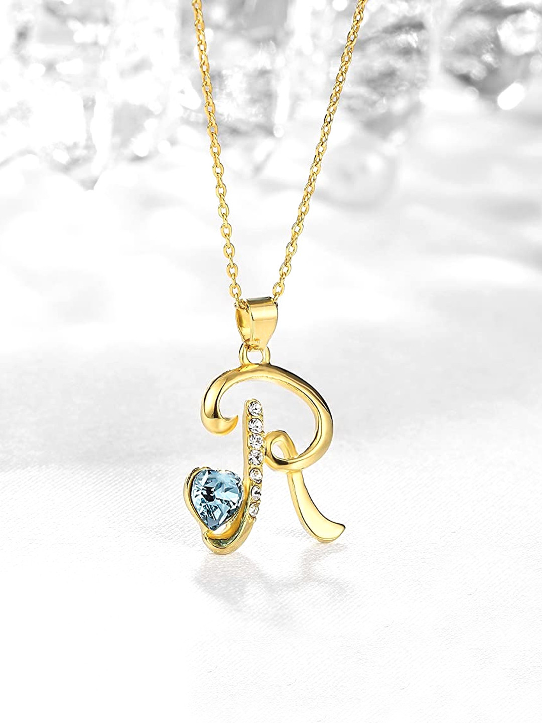 Yellow Chimes Crystals from Swarovski Collection  22K Gold Plated R-Shaped Pendant with Chain