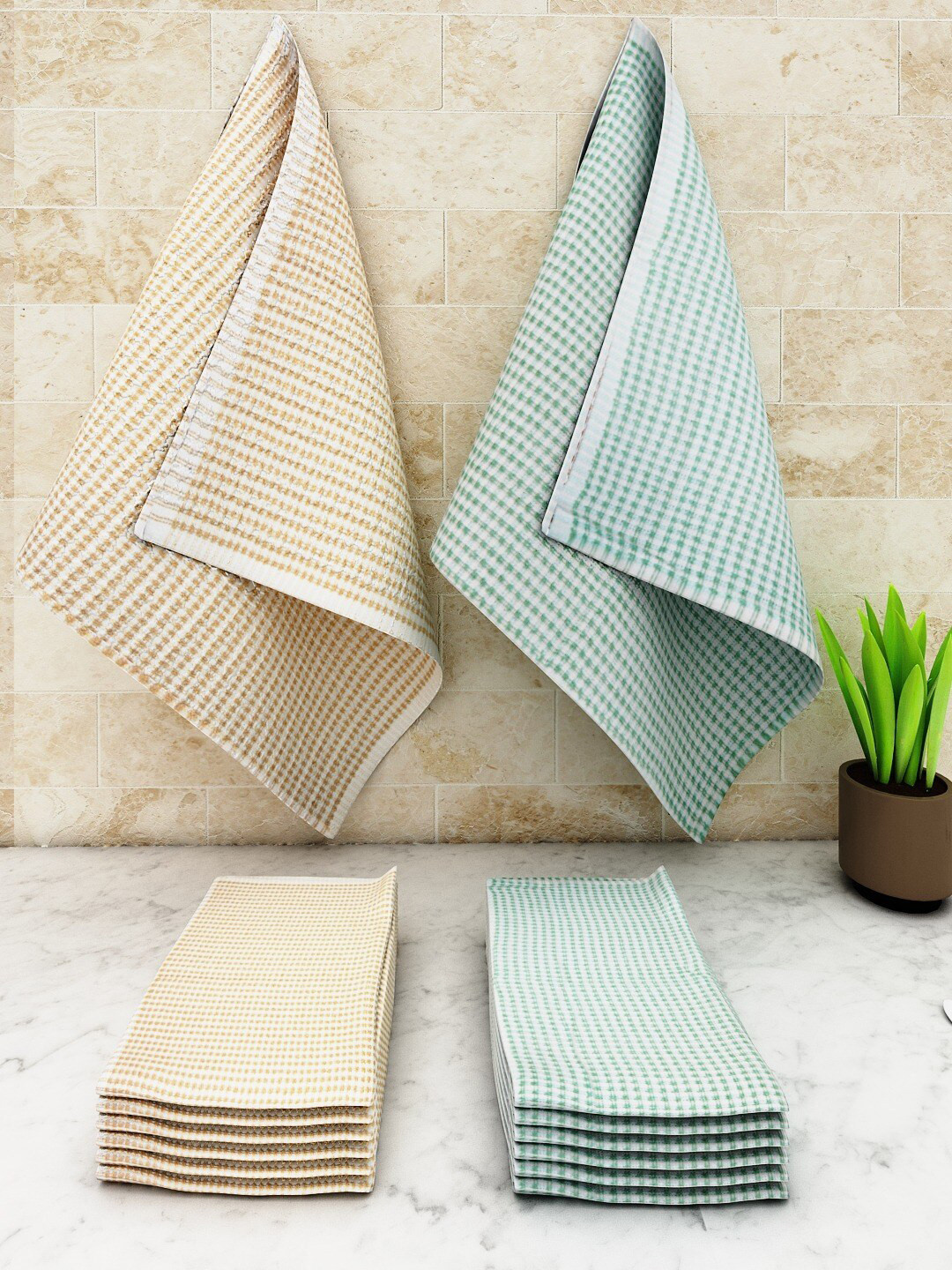 Athom Living Popcorn 12 Pcs Green & Beige Textured Cotton Kitchen Towels